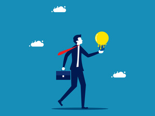 Exhausted from thinking. Businessman holding a melted light bulb. vector illustration
