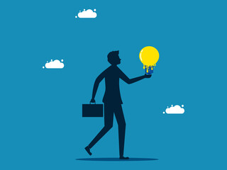 Running out of energy at work. man holding a melted light bulb. vector illustration