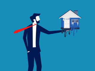 Real estate depreciates. Businessman holding a melted house. vector illustration - obrazy, fototapety, plakaty