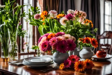 Obraz na płótnie Canvas dining table with flowers in vase.