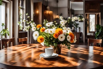 Fototapeta na wymiar wooden dining table with flowers in vase.