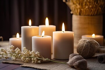 Obraz na płótnie Canvas Soft glow of candles transforms space into haven of relaxation. Wooden table adorned with array of flickering candles creates atmosphere of warmth and serenity. Gentle flames cast golden light casting