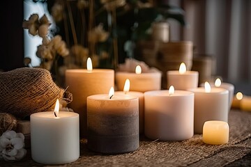 Fototapeta na wymiar Soft glow of candles transforms space into haven of relaxation. Wooden table adorned with array of flickering candles creates atmosphere of warmth and serenity. Gentle flames cast golden light casting