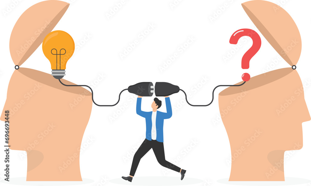 Poster businessmen connect question marks with lightbulb solutions. solution for problems, creative ideas a