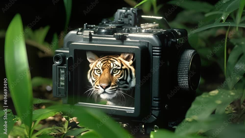 Poster a magnified view of an aienabled camera , capturing images of elusive tigers in the dense jungle and