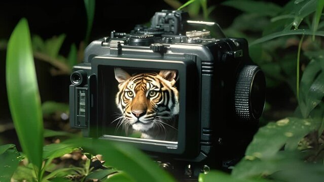A magnified view of an AIenabled camera , capturing images of elusive tigers in the dense jungle and helping conservationists understand population dynamics.