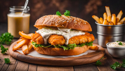 Breaded Fish Sandwich with Tartar Sauce and french fries .