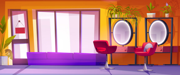 Beauty salon interior with armchair and mirror with table and drawer, sofa and green plants in pots, glass door and window. Cartoon vector illustration of empty hairdresser workplace room.