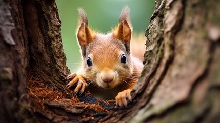 Naklejka na ściany i meble curious red squirrel peeking behind the tree trunk