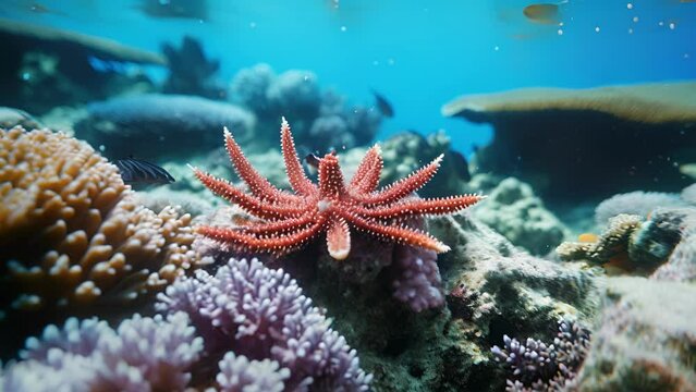 A coral reef closeup, with small crown of thorns starfish dotted throughout, showcasing the damaging effects of this invasive species on coral and marine life in the area.
