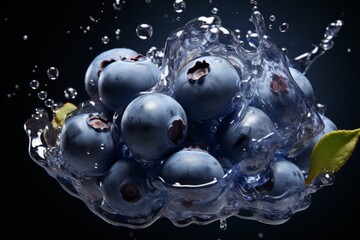 A handful of fresh ripe blueberries with green leaves in water splash. Isolated on black background.