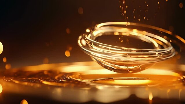 A mesmerizing slow motion macro shot of a single droplet of brandy cascading through the air surrounded by a halo of glittering light.