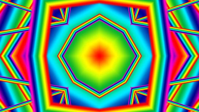 Polygonal shapes, stars, striped squares converging to center. Glowing colorful ornament changes and pulsation. Geometrical rainbow colored background metamorphoses with vibrations. 4K UHD 4096x2304