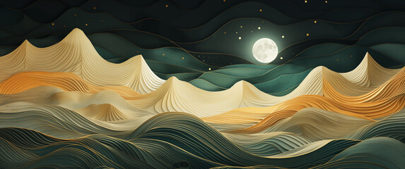 dream background with moon over mountains, dark sky, stars, cut paper, golden lines waves, elegant drawing, yellow, blue, beige, green, soft, imaginary magic dream fantasy, fairy tale, landscape - obrazy, fototapety, plakaty