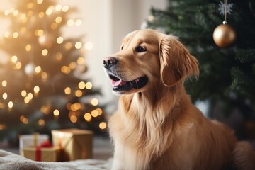 Close-up of cute dog sitting near Christmas tree in cozy living room. Anticipation of the New Year holidays.