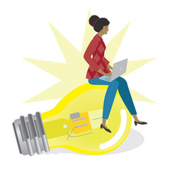 Woman with laptop sitting on lightbulb and gets shiny idea. Isolated. Vector illustration.
