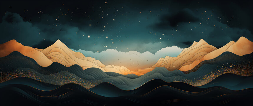 Dreamlike background with mountains, sky, stars, clouds, golden lines, elegant drawing, yellow, blue, beige, cut paper, soft, sleep, imaginary magic dream fantasy, fairy tale, vintage landscape