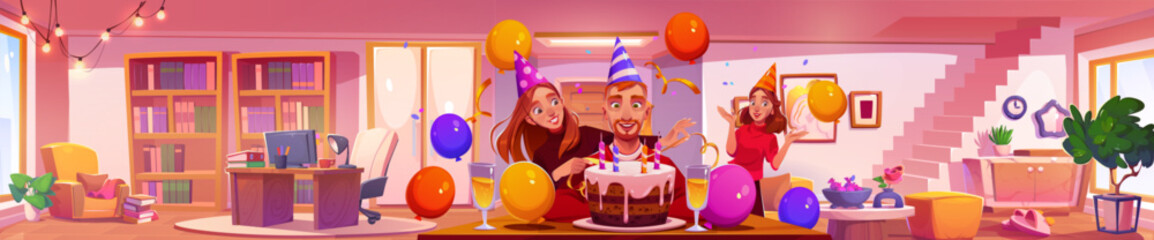 Birthday celebration with friends or family at home. Cartoon vector panoramic house room interior with two women congratulating man with b-day with cake with candle, balloons and confetti.