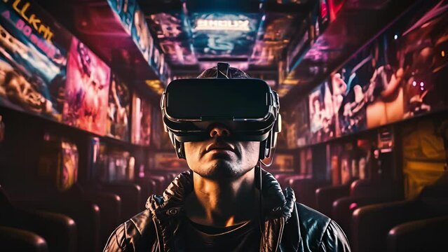 A closeup of a person donning a virtual reality headset while watching a movie in a theatrelike atmosphere. cyberpunk ar
