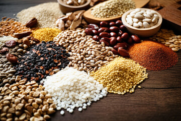 Various groats legumes, grains. Many types of cereals collected together. Agriculture and healthy eating concept. Close-up. Selective focus. - obrazy, fototapety, plakaty