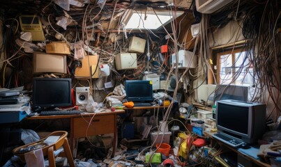 A Chaotic Scene of Disarray and Clutter on the Floor - obrazy, fototapety, plakaty