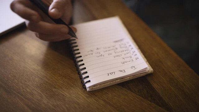 Person, hands and writing in book or checklist above for planning, schedule or agenda at cafe. Closeup of freelancer with taking notes or filling to do list for completion, done or tasks on table