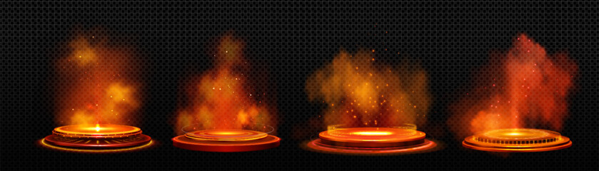 Futuristic podium with orange light portal effect isolated on transparent background. Vector realistic illustration of sci-fi game teleport with hot smoke, shimmering particles, alien space platform