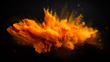 black background with abstract orange powder explosion isolated - obrazy, fototapety, plakaty