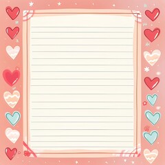 an illustrated notepad, thick writing lines, with valentines elaborate borders