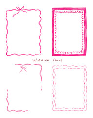 水彩タッチの大人かわいいシンプルな飾り枠のセット［長方形・縦型・ピンク・リボン］