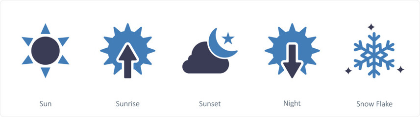 A set of 5 mix icons as sun, sunrise, sunset