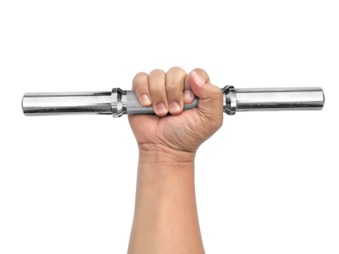 hand holding a steel bar dumbbell, transparent background