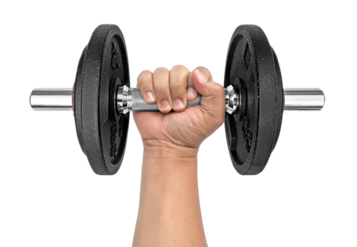 Hand holding dumbell, transparent background