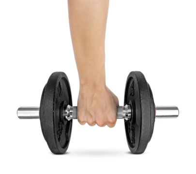 Hand holding dumbell, transparent background