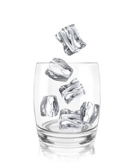 Ice Cubes Falling Into Glass, transparent background