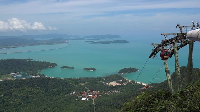 Gondola arrives at top station, Langkawi cable car on Malaysia island