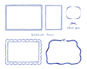 水彩タッチの大人かわいいシンプルな飾り枠のセット［長方形・横型・青・リボン］