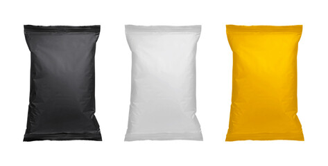 White, black and yellow pillow bag of chips, snacks or candys. Top view, transparent background - obrazy, fototapety, plakaty