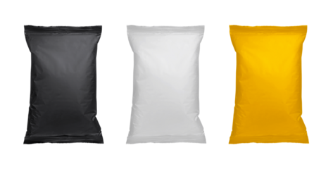 White, black and yellow pillow bag of chips, snacks or candys. Top view, transparent background