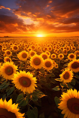 Sunflower fields stretching to the horizon under a golden sunset (AI Generated)