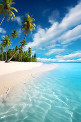 A sandy beach with crystal-clear turquoise waters and palm trees (AI Generated)