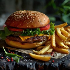 A delicious looking loaded burger with a side of french fries.