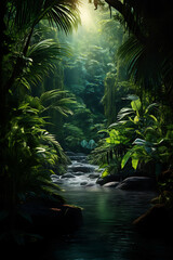 A tropical rainforest with exotic plants and wildlife (AI Generated)