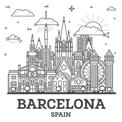 Outline Barcelona Spain City Skyline with Modern and Historic Buildings Isolated on White. Barcelona Cityscape with Landmarks.