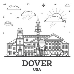 Outline Dover Delaware City Skyline with Modern and Historic Buildings Isolated on White. Dover USA Cityscape with Landmarks.