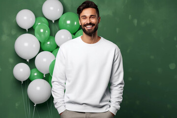 Man white sweatshirt Patrick day mockup. Handsome man with beard in white sweatshirt mockup on the green background with green and white balloons