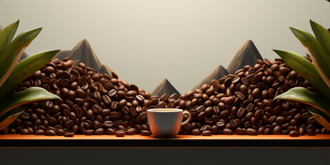 Coffee, Cafe Concept. Fresh roasted coffee beans mountain background with a cup placed in the middle in a wide panorama banner with copy space.