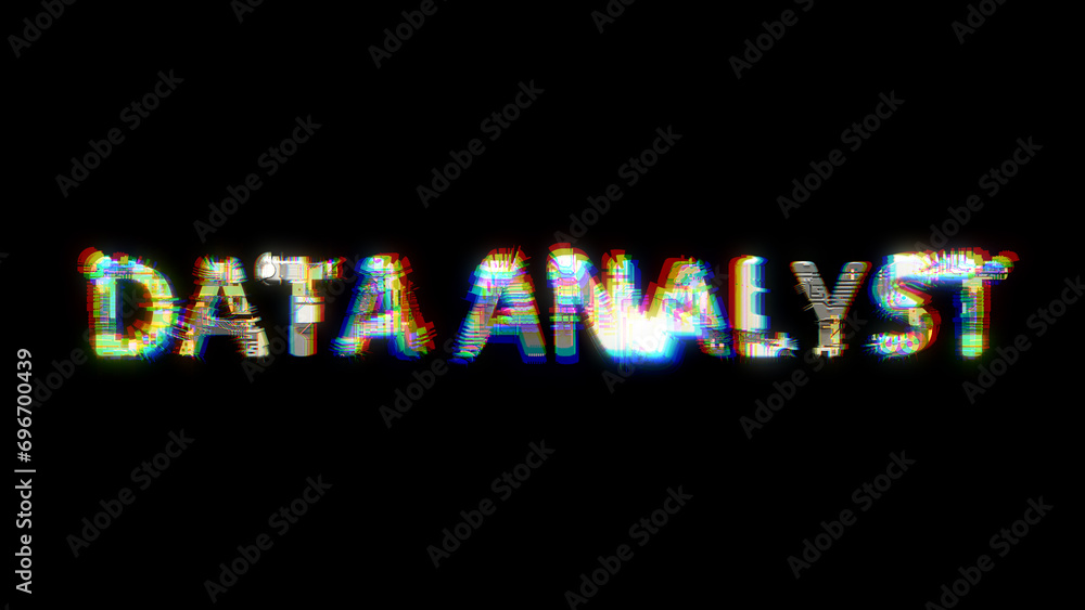 Poster glitch and chromatic aberrations cybernetic text data analyst on black, isolated - object 3d illustr