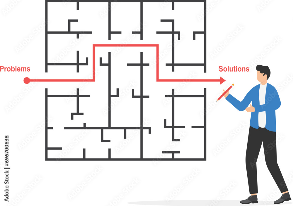 Poster business maze labyrinth. business solution vector concept with businessman finding way through maze.