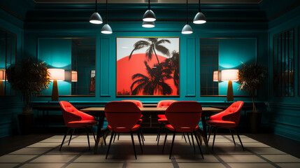 Tropical dining room table - pop art - trees and plants 